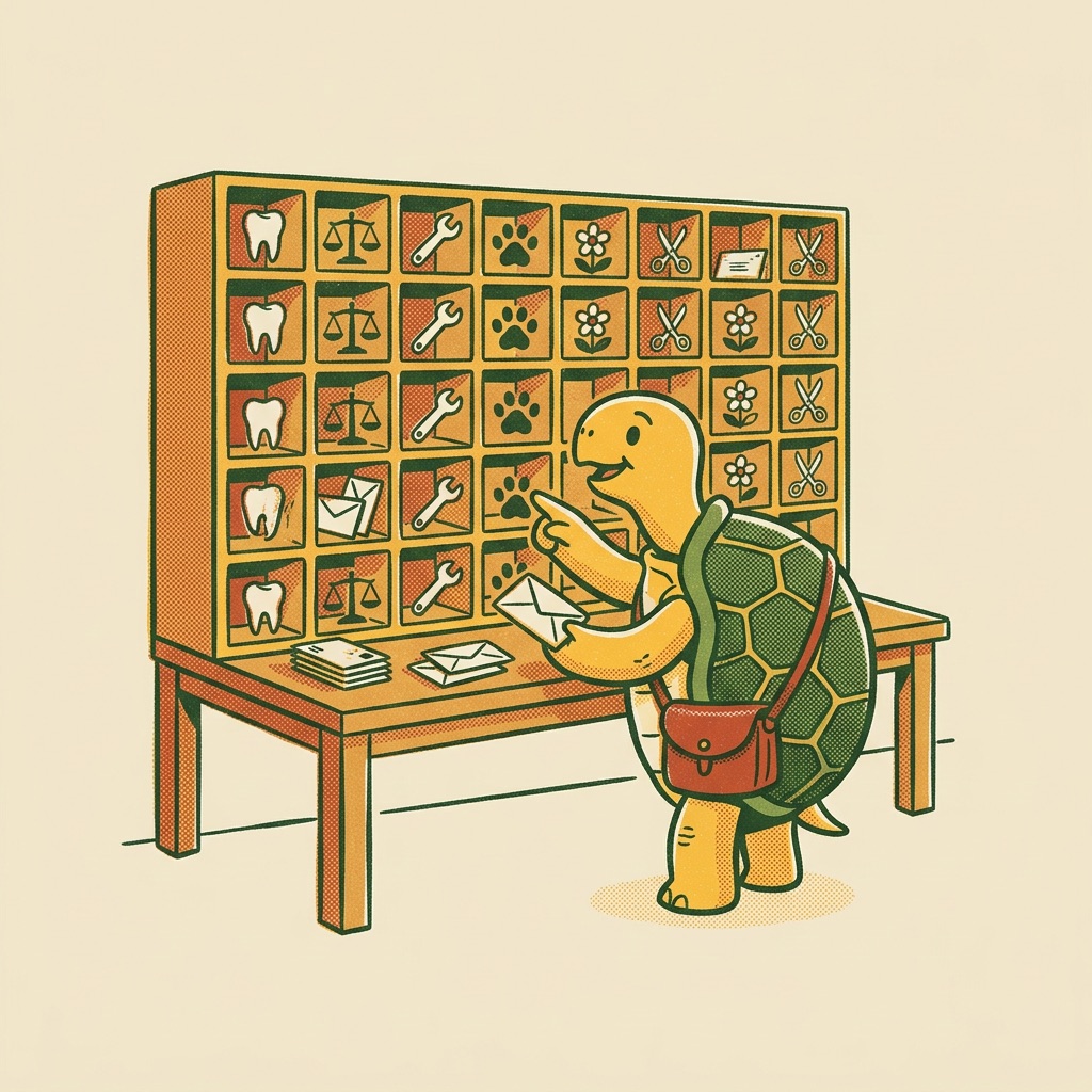 The tortoise sorting envelopes into pigeonholes for many different shops