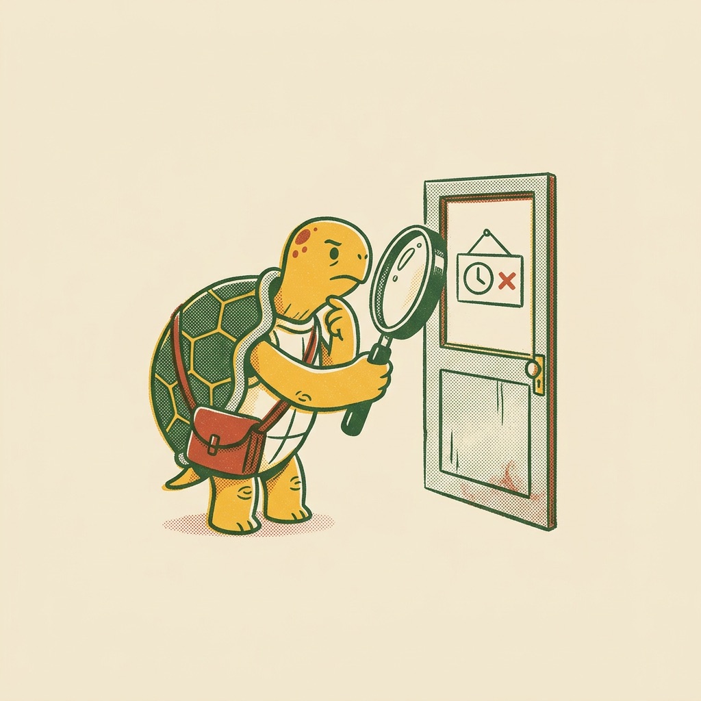 The tortoise checking a shop’s opening hours sign with a magnifying glass