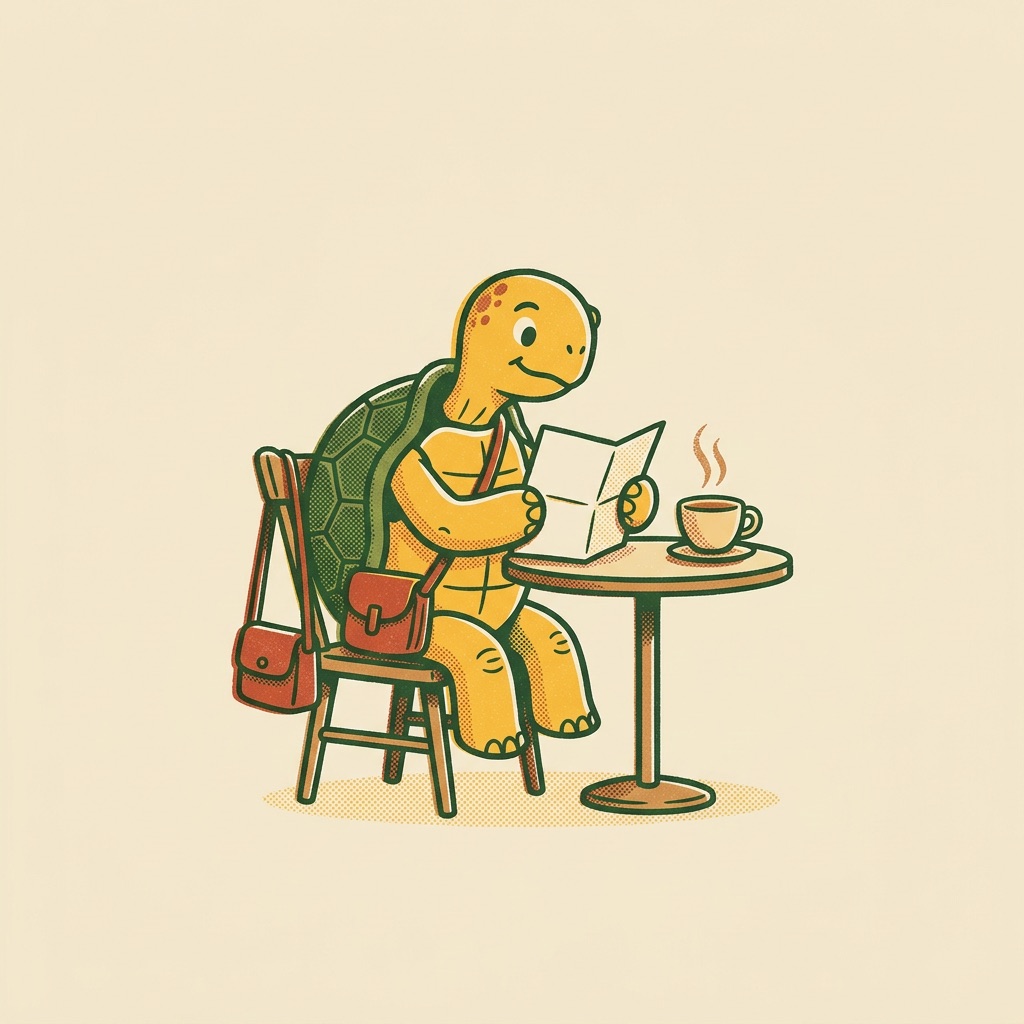The tortoise reading its Monday note over coffee
