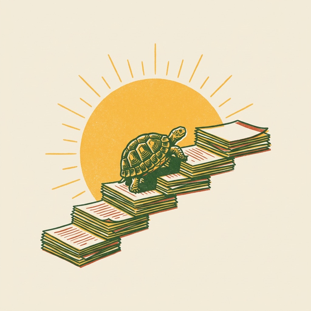 The tortoise climbing a staircase of notes toward the sunrise