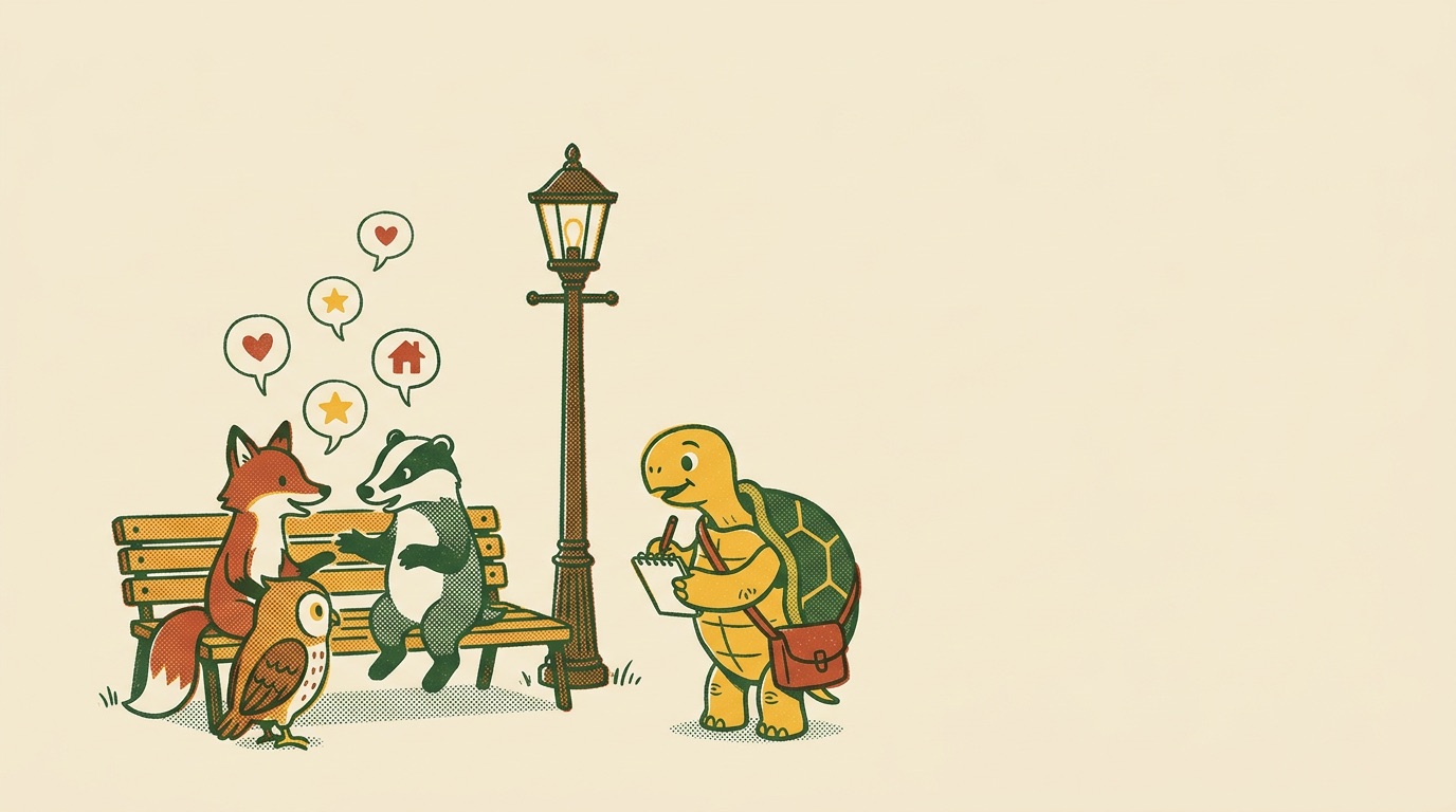 Animal neighbours chatting on a park bench while the tortoise takes notes
